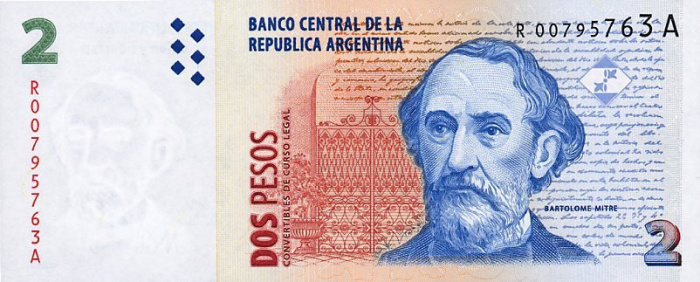 (,) Банкнота Аргентина 1997 год 2 песо &quot;Бартоломе Митре&quot;   UNC