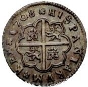 (№1707km272) Монета Испания 1707 год 2 Reales (Валенсия В - -,Ф)