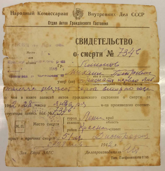 Свидетельство о смерти, Ленинград 1942 Сост.на фото