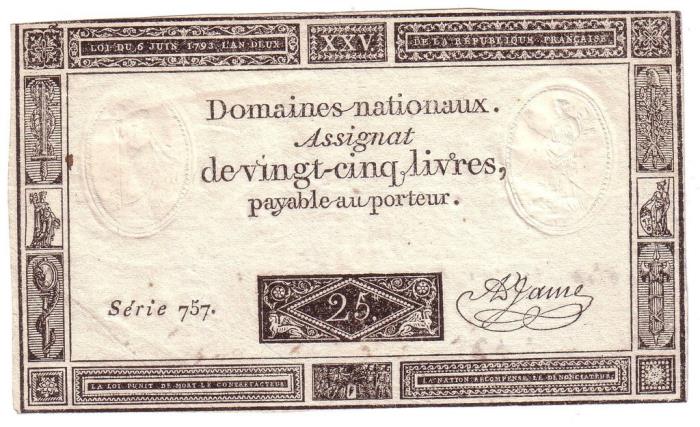  Ассигнация Франция 1793 год 25 ливров    XF