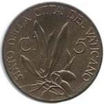 () Монета Ватикан 1939 год 5  ""   Бронза  UNC