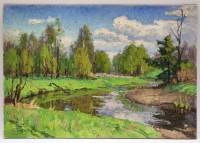 Картина Тулаев В. Н. 1995 г. Майская зелень Летний пейзаж масло картон 35х24 см