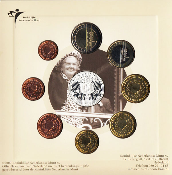 (2009, 8 монет + жетон) Набор монет Нидерланды (Голландия) 2009 год &quot;Королева Юлиана&quot;  Буклет