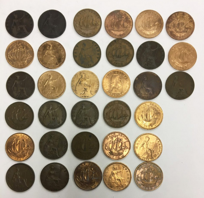 Набор монет 1/2 пенни, Великобритания, 1862-1967 гг., 33 шт.