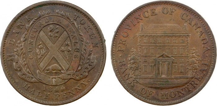 (1844) Банковский жетон (токен) Канада 1844 год 1/2 пенни &quot;Банк Монреаля&quot;  Медь  XF