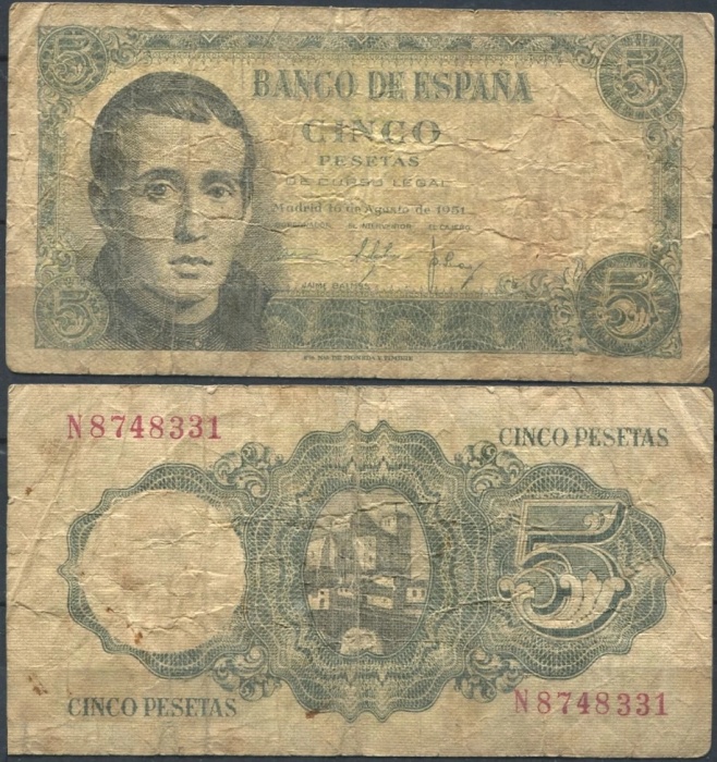 Банкнота Испания 1951 год 5 песет Хаиме Лусиано Бальмес   F