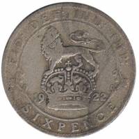 (1922) Монета Великобритания 1922 год 6 пенсов "Георг V"  Серебро Ag 500  UNC
