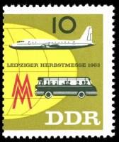 (1963-045) Марка Германия (ГДР) "Автобус и самолет"    Ярмарка, Лейпциг III O