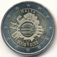 (003) Монета Мальта 2012 год 2 евро "10 лет наличному обращению Евро"  Биметалл  UNC
