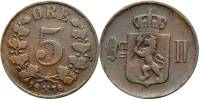 1876 Монета Норвегия 1876 год 5 эре Оскар II  Бронза  VF