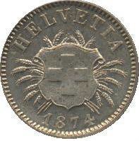 (1874) Монета Швейцария 1874 год 5 раппенов   Серебро Ag 400  UNC