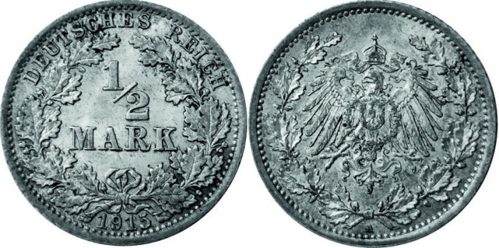 (1915A) Монета Германия (Империя) 1915 год 1/2 марки   Серебро Ag 900  VF