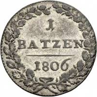 (№1806km7 (10 Раппен - распорки в верхней)) Монета Швейцария 1806 год 1 Batzen (10 Раппен - распорки