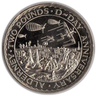 (1994) Монета Остров Олдерни 1994 год 2 фунта &quot;Высадка в Нормандии. 50 лет&quot;  Никель Медь-Никель  UNC