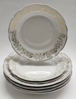 Тарелки суповые 4 шт + десертные 3 шт фарфор Коростень СССР винтаж 1960-е волнистый край позолота