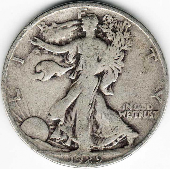 (1929s) Монета США 1929 год 50 центов   Шагающая Свобода. Орлан на скале Серебро Ag 900  VF