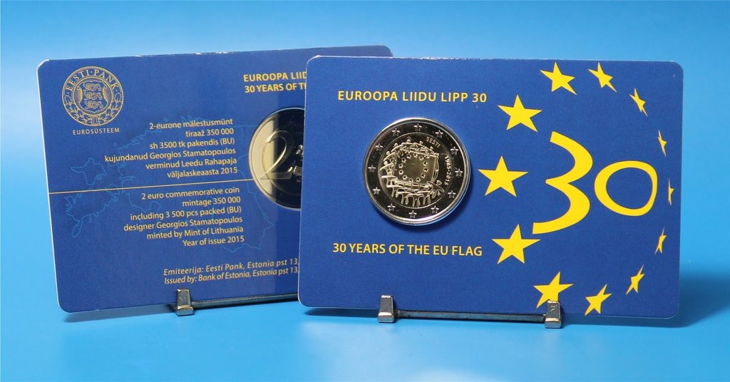 (002) Монета Эстония 2015 год 2 евро &quot;30 лет флагу Европы&quot;  Биметалл  Буклет