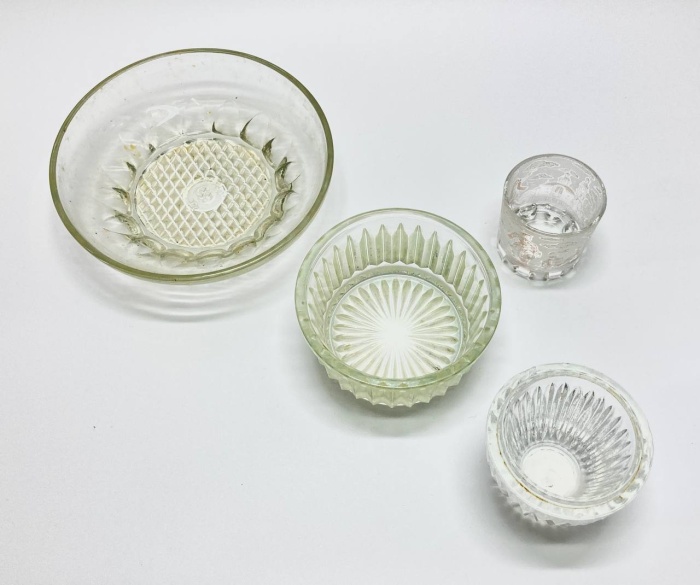 Конфетница + 2 креманки + рюмка, стекло, 4 предмета