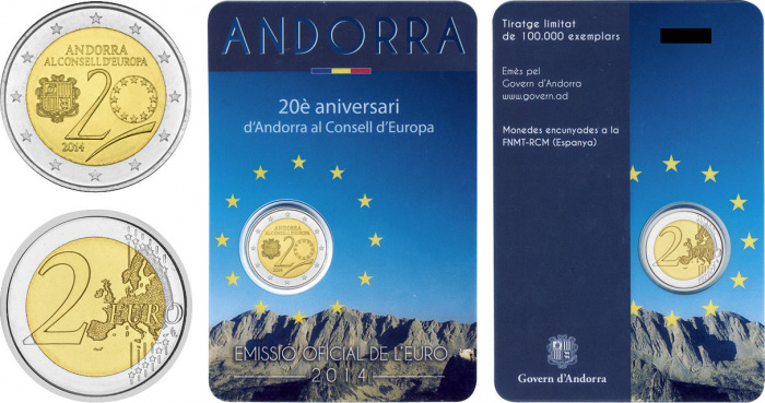 (01) Монета Андорра 2014 год 2 евро &quot;Вступление в Совет Европы 20 лет&quot;  Биметалл  Блистер