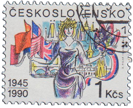 (1990-019) Марка Чехословакия "Девушка и Флаги"    45-летие освобождения II &Theta;