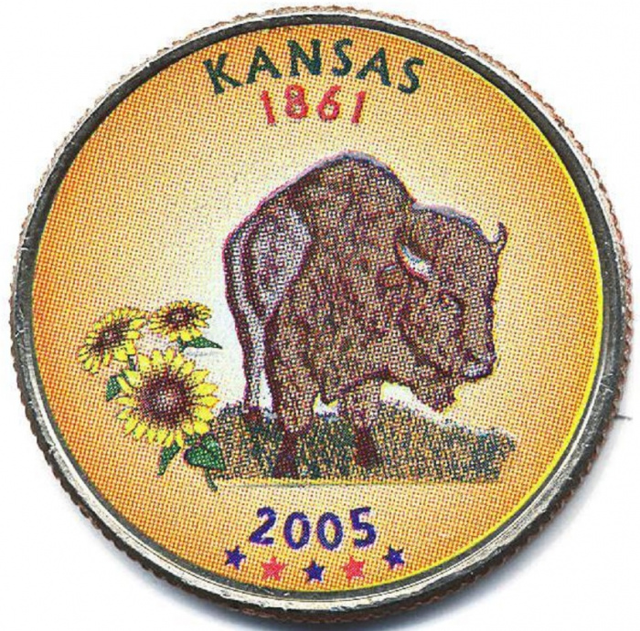 (034d) Монета США 2005 год 25 центов &quot;Канзас&quot;  Вариант №1 Медь-Никель  COLOR. Цветная