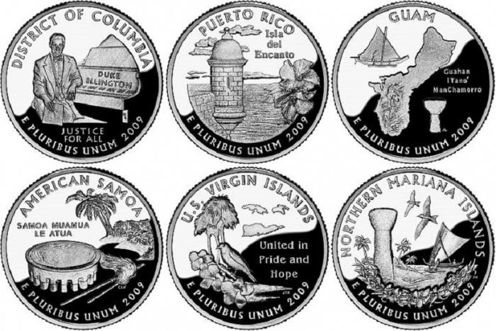 6 монет Набор монет США 2009 год 25 центов 2009 года, Территории, Мондвор D Денвер    UNC
