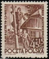 (1952-027) Марка Польша "Строительство ЛЭП (Коричневая)"   Шестилетний план II Θ