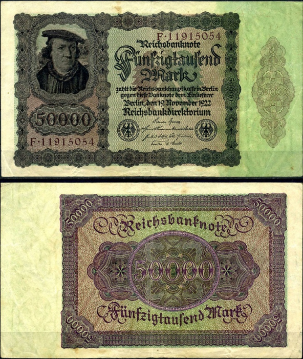 (1922) Банкнота Германия 1922 год 50 000 марок &quot;Коричневый фон&quot; 3-й выпуск  VF