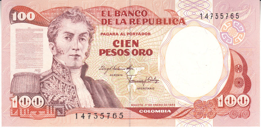 (,) Банкнота Колумбия 1983 год 100 песо &quot;Антонио Нариньо&quot;   UNC