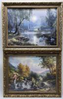 Две репродукции Виды природы Озеро и лебеди. Мельница на реке летом. В рамах.