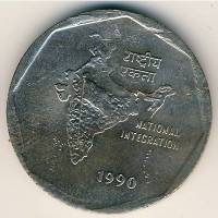 () Монета Индия 1990 год 2  ""   Медь-Никель  AU
