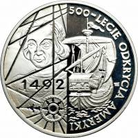 (1992) Монета Польша 1992 год 200000 злотых "Открытие Америки. 500 лет"  Серебро Ag 999  PROOF