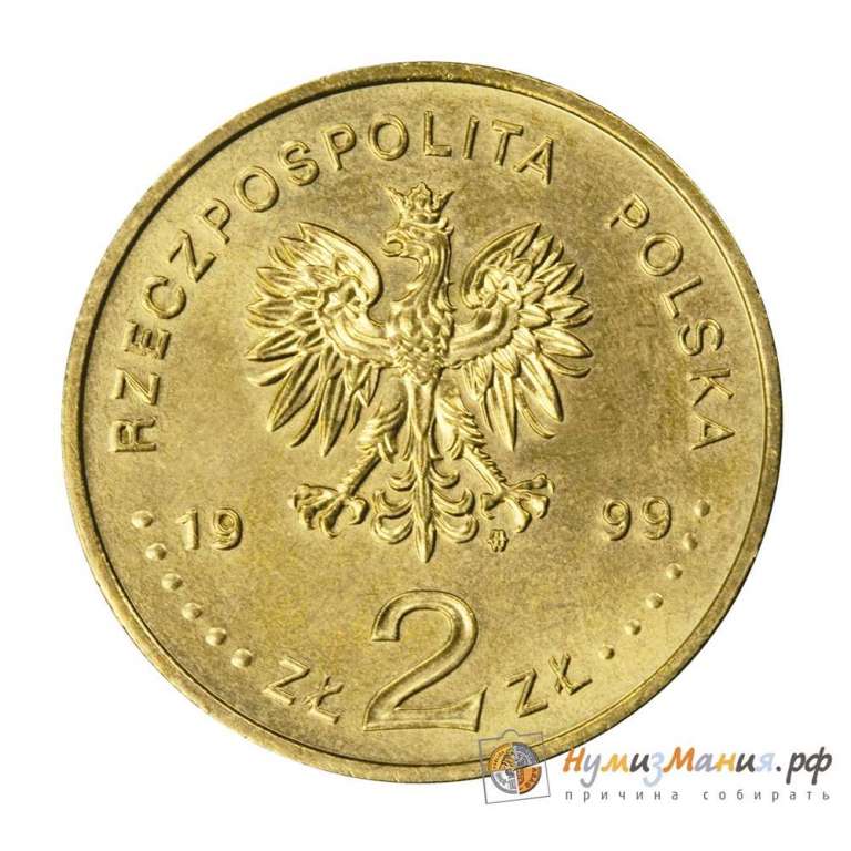 026 Монета Польша 1999 год 2 злотых Фредерик Шопен  Латунь  UNC