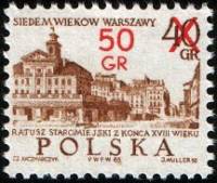 (1972-068) Марка Польша "Старая ратуша"  Надпечатка 50 GR  700-летие Варшавы (Стандартный выпуск) II