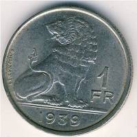(№1939km119) Монета Бельгия 1939 год 1 Franc (Бельжик - Belgieuml)