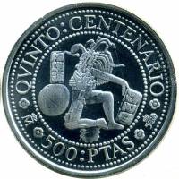(1989) Монета Испания 1989 год 500 песет "Открытие Америки. 500 лет"  Серебро Ag 925  PROOF