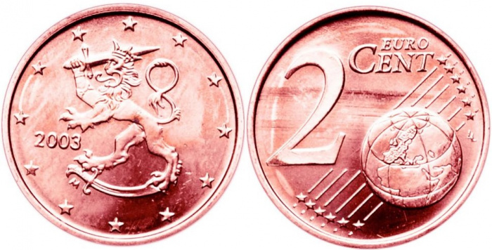 (2003) Монета Финляндия 2003 год 2 евроцента  1-й тип образца 1999-2006 с буквой М Бронза  UNC