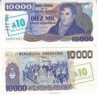 (1985) Банкнота Аргентина 1985 год 10 аустралей "Мануэль Бельграно" Надп на 10000 песо 1985 г  UNC
