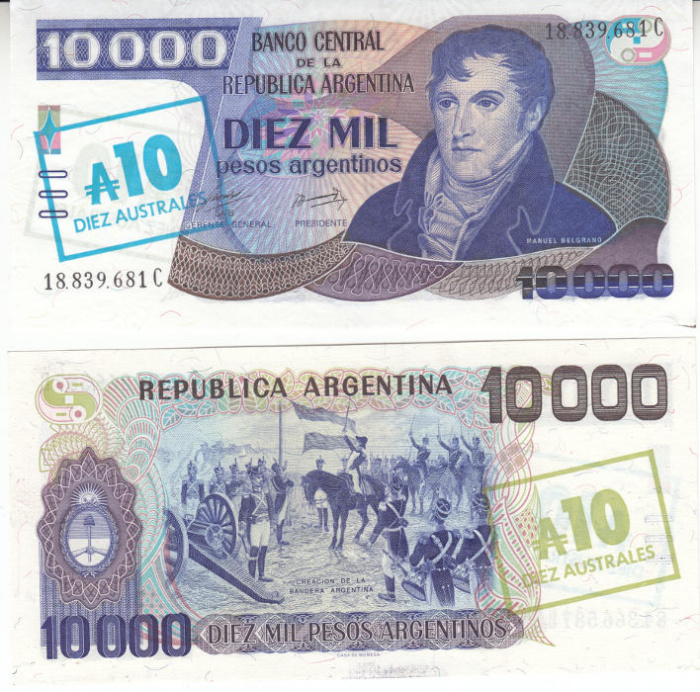 (1985) Банкнота Аргентина 1985 год 10 аустралей &quot;Мануэль Бельграно&quot; Надп на 10000 песо 1985 г  UNC