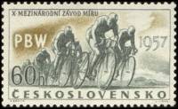 (1957-017) Марка Чехословакия "Велосипедные гонки (Серо-коричневая)"    10-я Международная велогонка