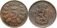 1876 Монета Норвегия 1876 год 5 эре Оскар II  Бронза  VF
