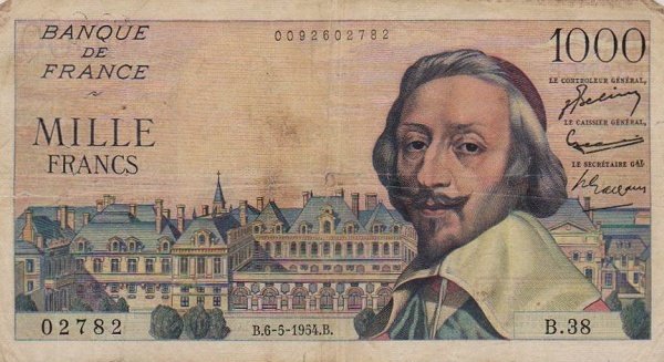(№1954P-134a.1) Банкнота Франция 1954 год &quot;1,000 Francs&quot; (Подписи: J)
