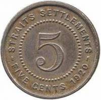 () Монета Стрейтс Сетлментс («Поселения у пролива»)  1920 год 5  ""   Медь-Никель  UNC