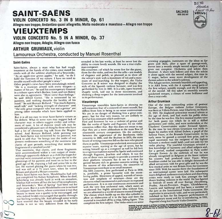 Пластинка виниловая Arthur Grumiaux Saint-Saens Vieuxtemps Violin concertos Philips 300 мм. Excellen