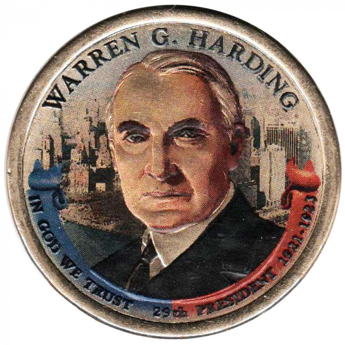 (29p) Монета США 2014 год 1 доллар &quot;Уоррен Гардинг&quot;  Вариант №2 Латунь  COLOR. Цветная