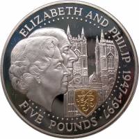 (1997) Монета Остров Гернси 1997 год 5 фунтов "Елизавета и Филипп 50 лет"  Серебро Ag 925  PROOF