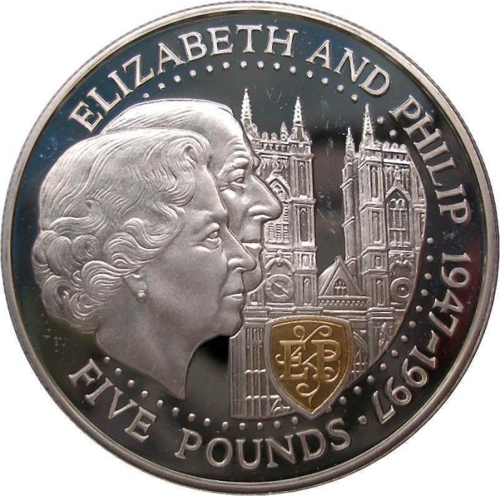 (1997) Монета Остров Гернси 1997 год 5 фунтов &quot;Елизавета и Филипп 50 лет&quot;  Серебро Ag 925  PROOF