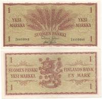 Банкнота Финляндия 1963 год 1 марка Колосья Rossi - Aspelund  XF