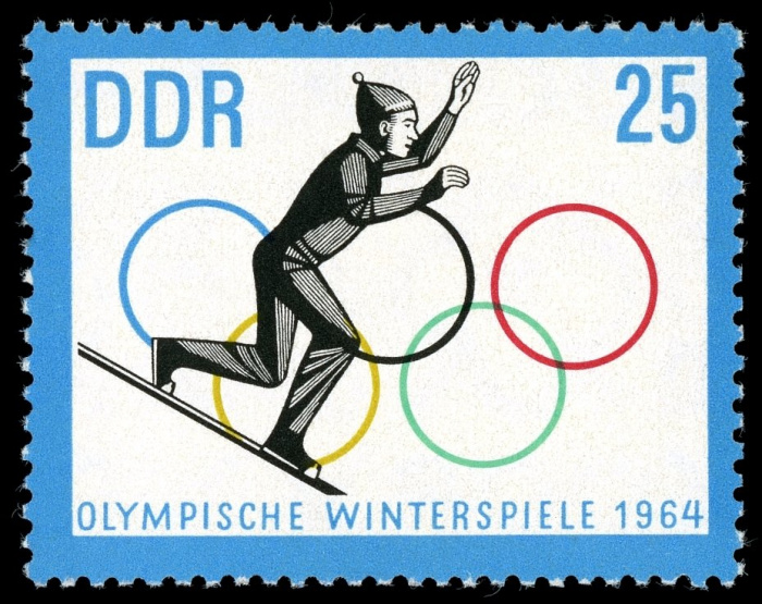 (1963-071) Марка Германия (ГДР) &quot;Прыжки с трамплина (4)&quot;    Зимние ОИ 1964, Инсбрук III O