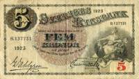 (,) Банкнота Швеция 1923 год 5 крон "Густав I Васа"   UNC